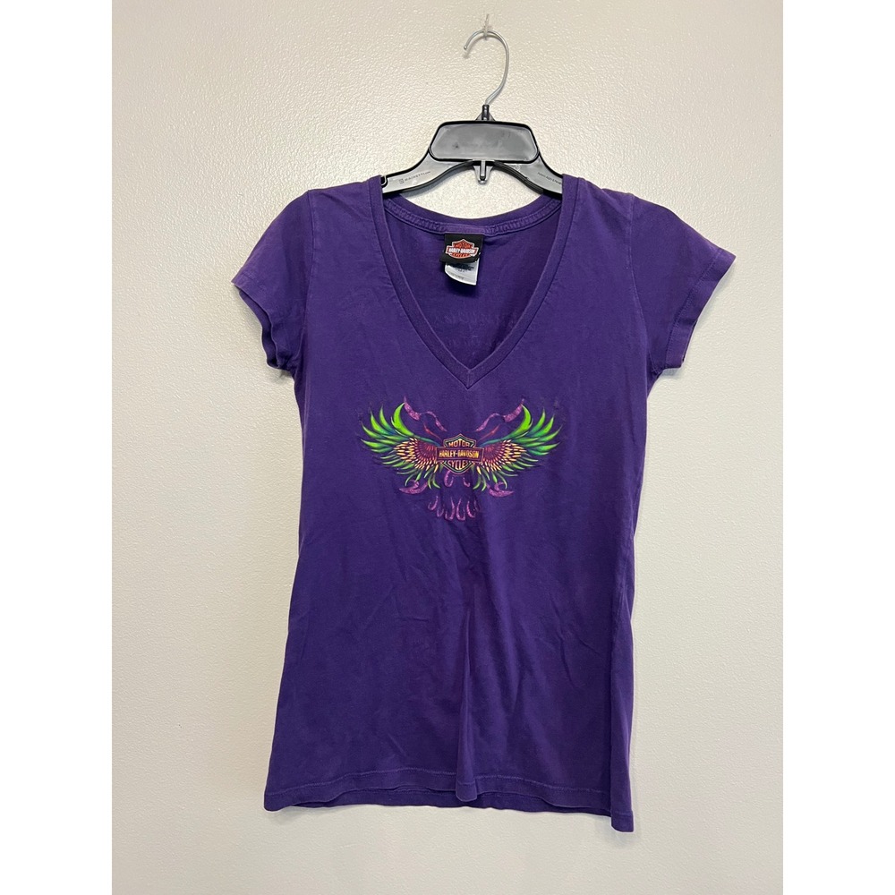 Harley-Davidson Purple V-Neck Graphic T-Shirt Memphis TN Wings Women Medium